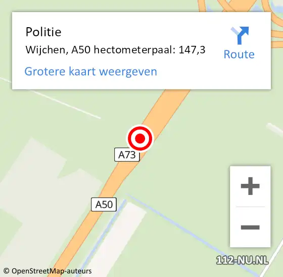 Locatie op kaart van de 112 melding: Politie Wijchen, A50 hectometerpaal: 147,3 op 16 juli 2024 20:22