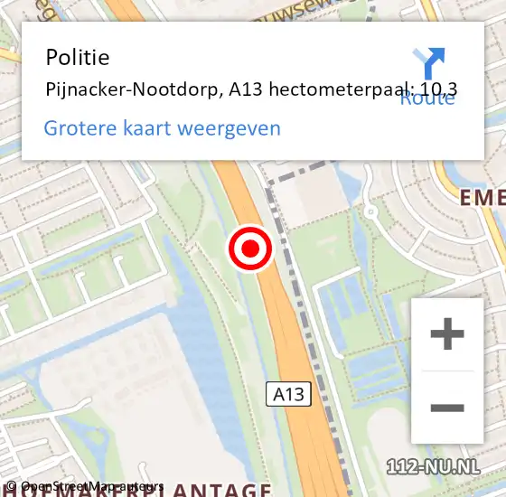 Locatie op kaart van de 112 melding: Politie Pijnacker-Nootdorp, A13 hectometerpaal: 10,3 op 16 juli 2024 22:30