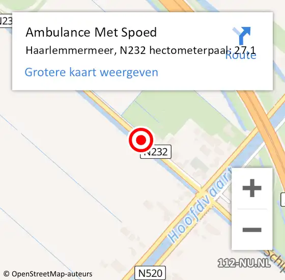 Locatie op kaart van de 112 melding: Ambulance Met Spoed Naar Haarlemmermeer, N232 hectometerpaal: 27,1 op 16 juli 2024 22:33