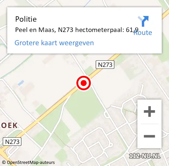 Locatie op kaart van de 112 melding: Politie Peel en Maas, N273 hectometerpaal: 61,9 op 17 juli 2024 10:29