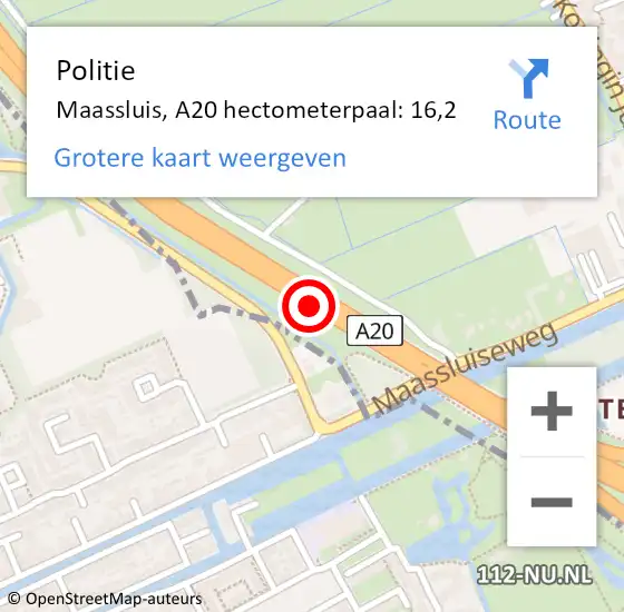 Locatie op kaart van de 112 melding: Politie Maassluis, A20 hectometerpaal: 16,2 op 17 juli 2024 10:40