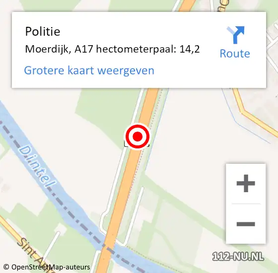 Locatie op kaart van de 112 melding: Politie Moerdijk, A17 hectometerpaal: 14,2 op 17 juli 2024 10:52