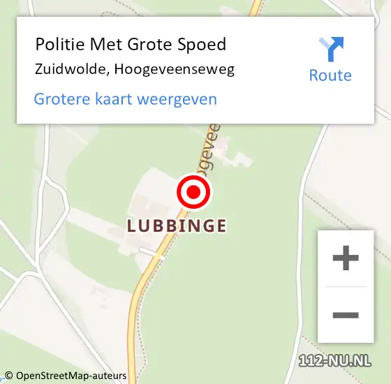 Locatie op kaart van de 112 melding: Politie Met Grote Spoed Naar Zuidwolde, Hoogeveenseweg op 17 juli 2024 12:51