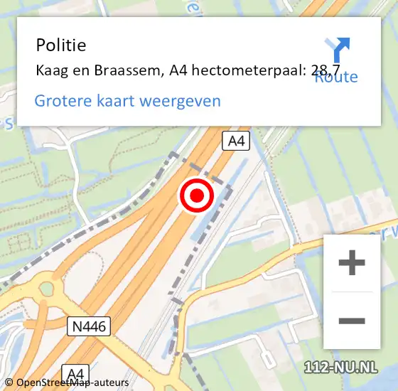 Locatie op kaart van de 112 melding: Politie Kaag en Braassem, A4 hectometerpaal: 28,7 op 17 juli 2024 13:36