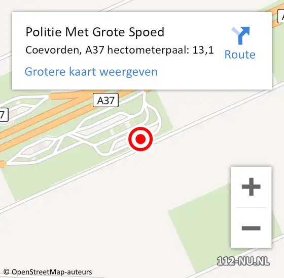 Locatie op kaart van de 112 melding: Politie Met Grote Spoed Naar Coevorden, A37 hectometerpaal: 13,1 op 17 juli 2024 14:25