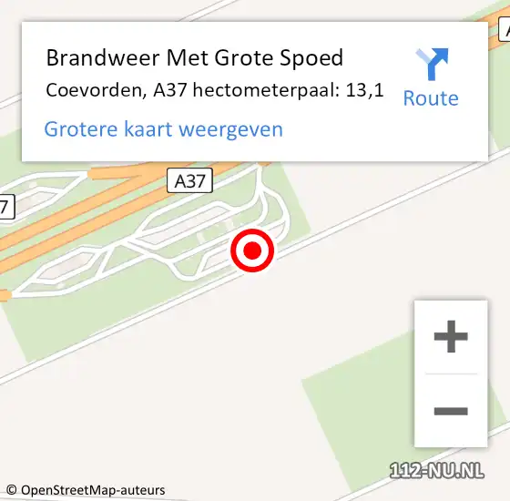 Locatie op kaart van de 112 melding: Brandweer Met Grote Spoed Naar Coevorden, A37 hectometerpaal: 13,1 op 17 juli 2024 14:25