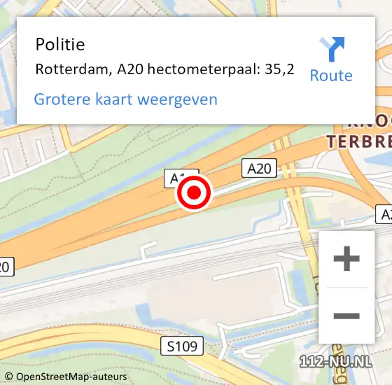 Locatie op kaart van de 112 melding: Politie Rotterdam, A20 hectometerpaal: 35,2 op 17 juli 2024 15:15