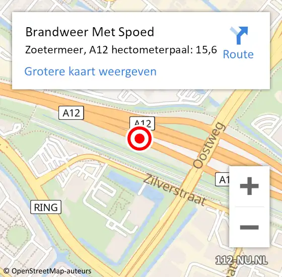 Locatie op kaart van de 112 melding: Brandweer Met Spoed Naar Zoetermeer, A12 hectometerpaal: 15,6 op 17 juli 2024 15:35