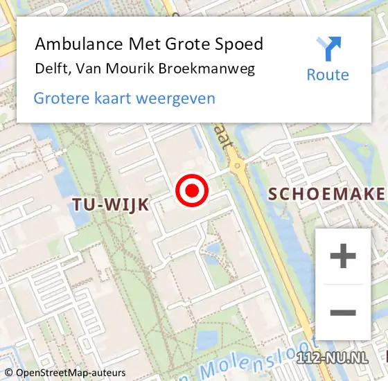 Locatie op kaart van de 112 melding: Ambulance Met Grote Spoed Naar Delft, Van Mourik Broekmanweg op 17 juli 2024 15:47