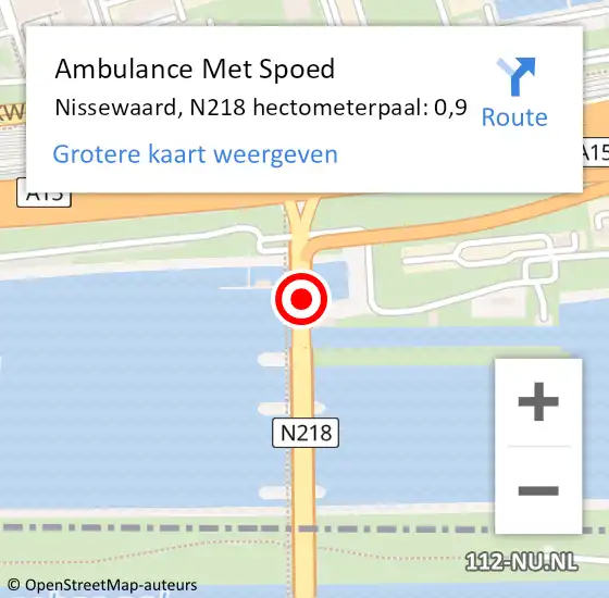 Locatie op kaart van de 112 melding: Ambulance Met Spoed Naar Nissewaard, N218 hectometerpaal: 0,9 op 17 juli 2024 16:44