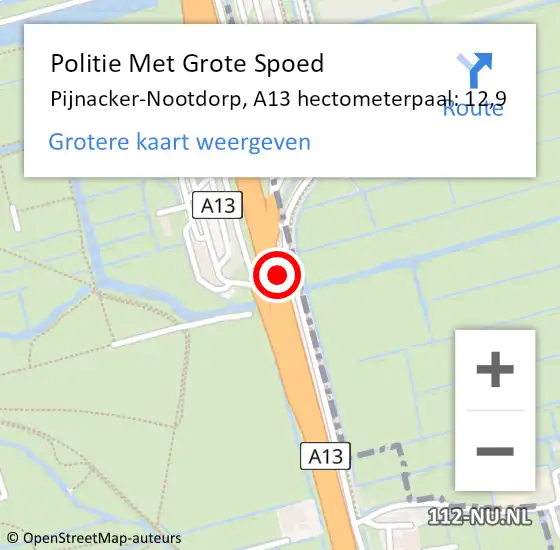 Locatie op kaart van de 112 melding: Politie Met Grote Spoed Naar Pijnacker-Nootdorp, A13 hectometerpaal: 12,9 op 17 juli 2024 16:52