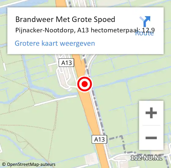 Locatie op kaart van de 112 melding: Brandweer Met Grote Spoed Naar Pijnacker-Nootdorp, A13 hectometerpaal: 12,9 op 17 juli 2024 16:53