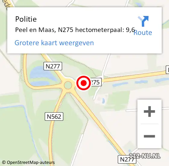 Locatie op kaart van de 112 melding: Politie Peel en Maas, N275 hectometerpaal: 9,6 op 17 juli 2024 16:55