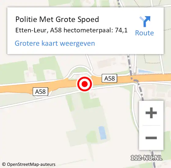 Locatie op kaart van de 112 melding: Politie Met Grote Spoed Naar Etten-Leur, A58 hectometerpaal: 74,1 op 17 juli 2024 17:28