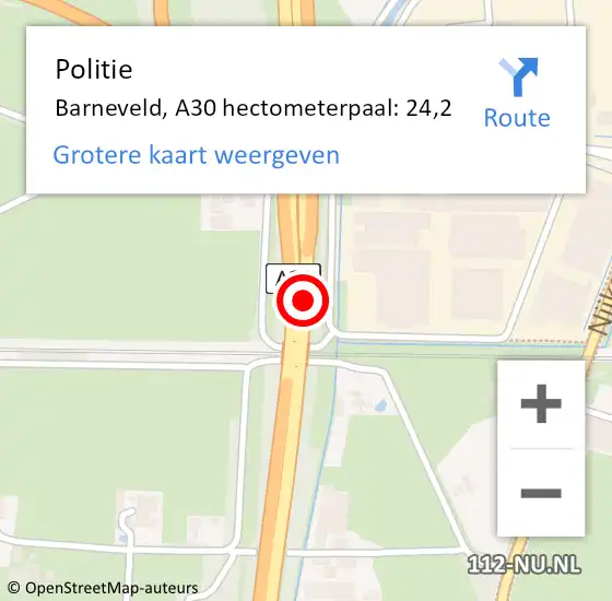 Locatie op kaart van de 112 melding: Politie Barneveld, A30 hectometerpaal: 24,2 op 17 juli 2024 17:30