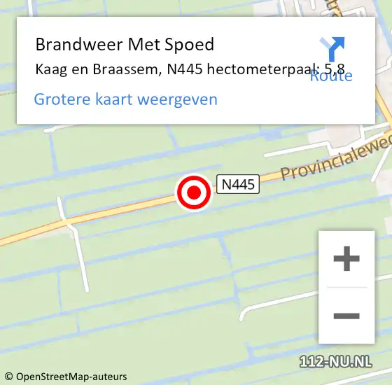 Locatie op kaart van de 112 melding: Brandweer Met Spoed Naar Kaag en Braassem, N445 hectometerpaal: 5,8 op 17 juli 2024 17:36