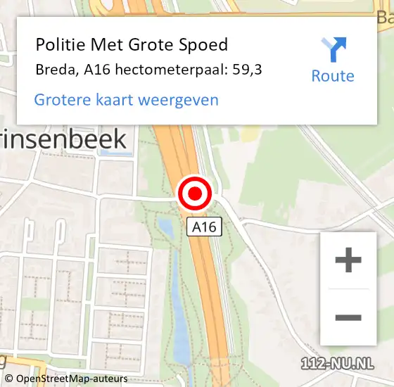 Locatie op kaart van de 112 melding: Politie Met Grote Spoed Naar Breda, A16 hectometerpaal: 59,3 op 17 juli 2024 17:56