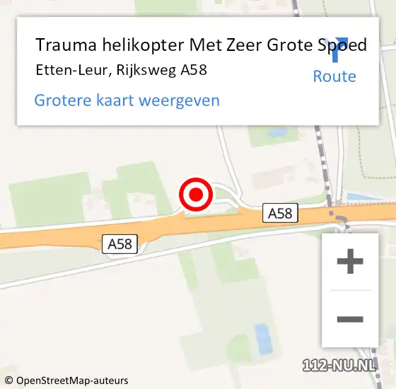 Locatie op kaart van de 112 melding: Trauma helikopter Met Zeer Grote Spoed Naar Etten-Leur, Rijksweg A58 op 17 juli 2024 18:19