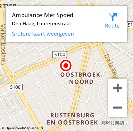 Locatie op kaart van de 112 melding: Ambulance Met Spoed Naar Den Haag, Lunterenstraat op 17 juli 2024 19:15