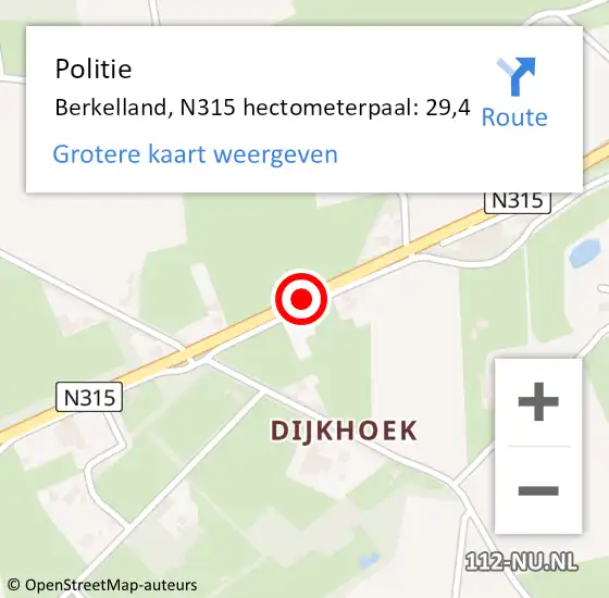 Locatie op kaart van de 112 melding: Politie Berkelland, N315 hectometerpaal: 29,4 op 17 juli 2024 21:33