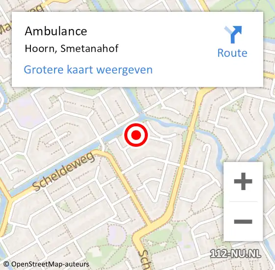 Locatie op kaart van de 112 melding: Ambulance Hoorn, Smetanahof op 17 juli 2024 22:57