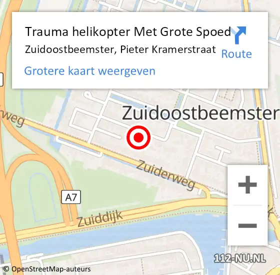 Locatie op kaart van de 112 melding: Trauma helikopter Met Grote Spoed Naar Zuidoostbeemster, Pieter Kramerstraat op 17 juli 2024 23:18