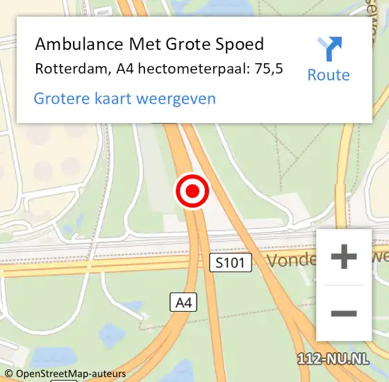 Locatie op kaart van de 112 melding: Ambulance Met Grote Spoed Naar Rotterdam, A4 hectometerpaal: 75,5 op 18 juli 2024 01:07