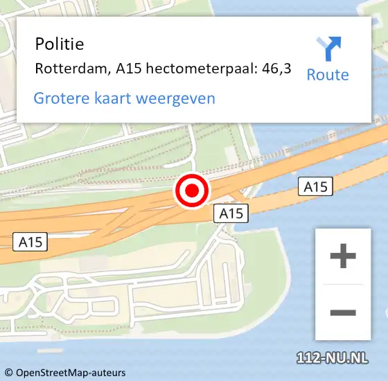 Locatie op kaart van de 112 melding: Politie Rotterdam, A15 hectometerpaal: 46,3 op 18 juli 2024 05:51