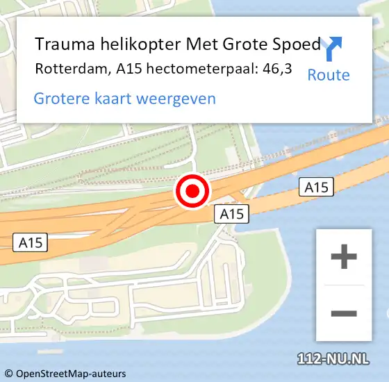 Locatie op kaart van de 112 melding: Trauma helikopter Met Grote Spoed Naar Rotterdam, A15 hectometerpaal: 46,3 op 18 juli 2024 05:52