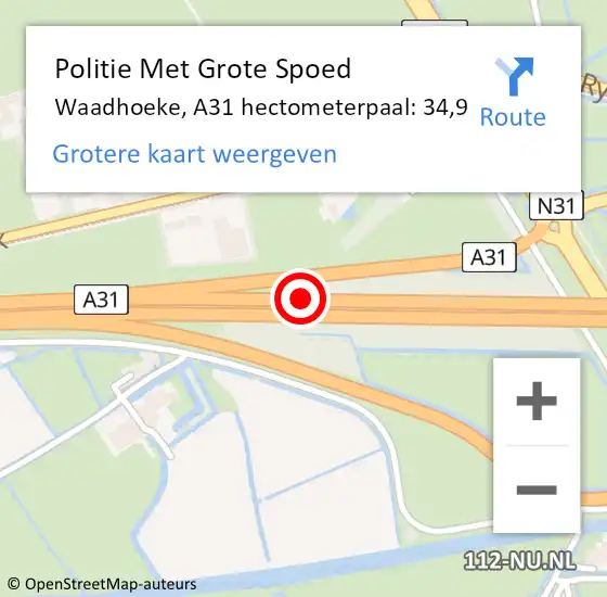 Locatie op kaart van de 112 melding: Politie Met Grote Spoed Naar Waadhoeke, A31 hectometerpaal: 34,9 op 18 juli 2024 09:09