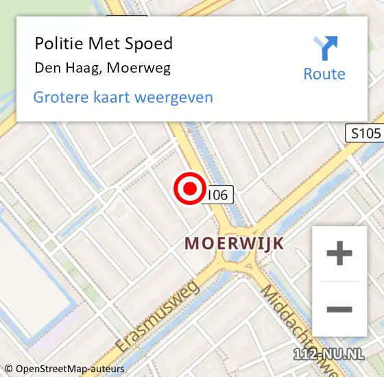 Locatie op kaart van de 112 melding: Politie Met Spoed Naar Den Haag, Moerweg op 18 juli 2024 09:22