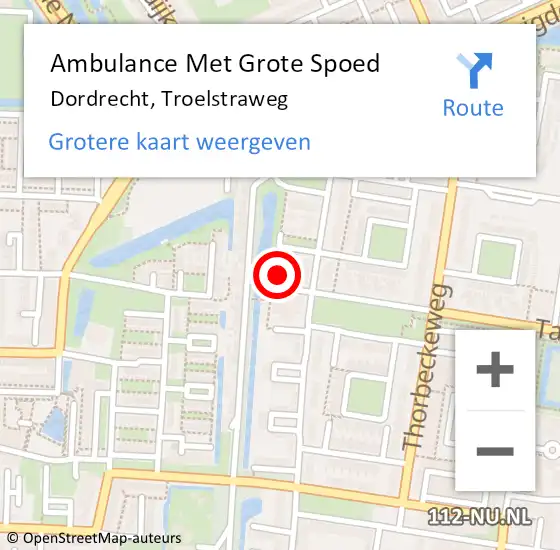 Locatie op kaart van de 112 melding: Ambulance Met Grote Spoed Naar Dordrecht, Troelstraweg op 18 juli 2024 09:46