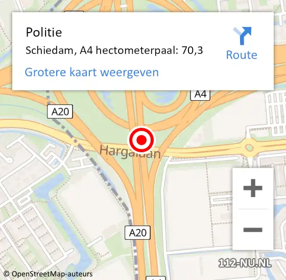 Locatie op kaart van de 112 melding: Politie Schiedam, A4 hectometerpaal: 70,3 op 18 juli 2024 10:04