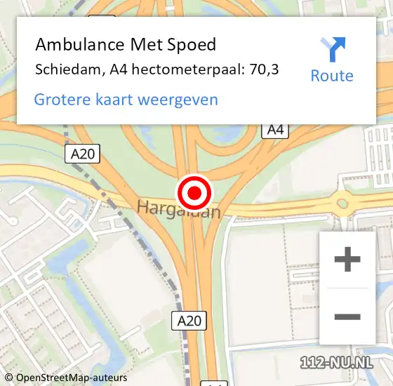 Locatie op kaart van de 112 melding: Ambulance Met Spoed Naar Schiedam, A4 hectometerpaal: 70,3 op 18 juli 2024 10:08
