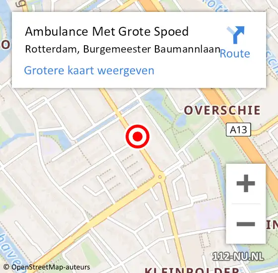 Locatie op kaart van de 112 melding: Ambulance Met Grote Spoed Naar Rotterdam, Burgemeester Baumannlaan op 18 juli 2024 10:30