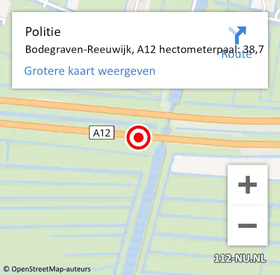 Locatie op kaart van de 112 melding: Politie Bodegraven-Reeuwijk, A12 hectometerpaal: 38,7 op 18 juli 2024 11:19