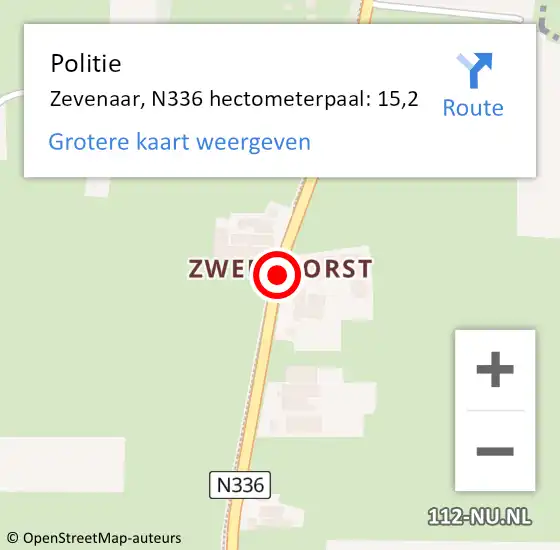 Locatie op kaart van de 112 melding: Politie Zevenaar, N336 hectometerpaal: 15,2 op 18 juli 2024 11:53