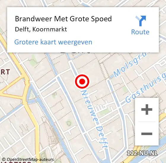 Locatie op kaart van de 112 melding: Brandweer Met Grote Spoed Naar Delft, Koornmarkt op 18 juli 2024 12:16