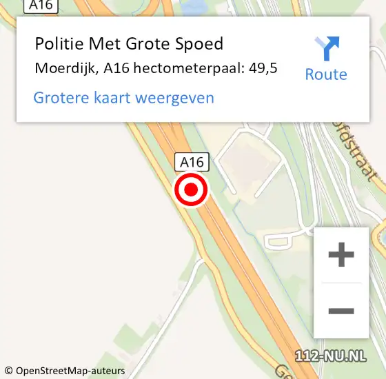 Locatie op kaart van de 112 melding: Politie Met Grote Spoed Naar Moerdijk, A16 hectometerpaal: 49,5 op 18 juli 2024 13:06
