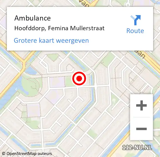 Locatie op kaart van de 112 melding: Ambulance Hoofddorp, Femina Mullerstraat op 18 juli 2024 14:22