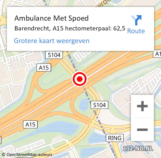 Locatie op kaart van de 112 melding: Ambulance Met Spoed Naar Barendrecht, A15 hectometerpaal: 62,5 op 18 juli 2024 14:37