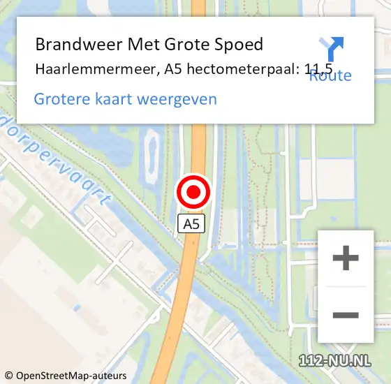 Locatie op kaart van de 112 melding: Brandweer Met Grote Spoed Naar Haarlemmermeer, A5 hectometerpaal: 11,5 op 18 juli 2024 15:19