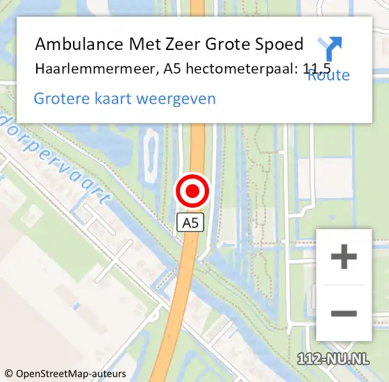 Locatie op kaart van de 112 melding: Ambulance Met Zeer Grote Spoed Naar Haarlemmermeer, A5 hectometerpaal: 11,5 op 18 juli 2024 15:20
