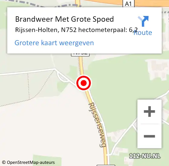 Locatie op kaart van de 112 melding: Brandweer Met Grote Spoed Naar Rijssen-Holten, N752 hectometerpaal: 6,2 op 18 juli 2024 15:23