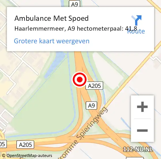 Locatie op kaart van de 112 melding: Ambulance Met Spoed Naar Haarlemmermeer, A9 hectometerpaal: 41,8 op 18 juli 2024 15:32