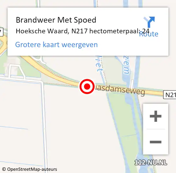 Locatie op kaart van de 112 melding: Brandweer Met Spoed Naar Hoeksche Waard, N217 hectometerpaal: 24 op 18 juli 2024 15:36