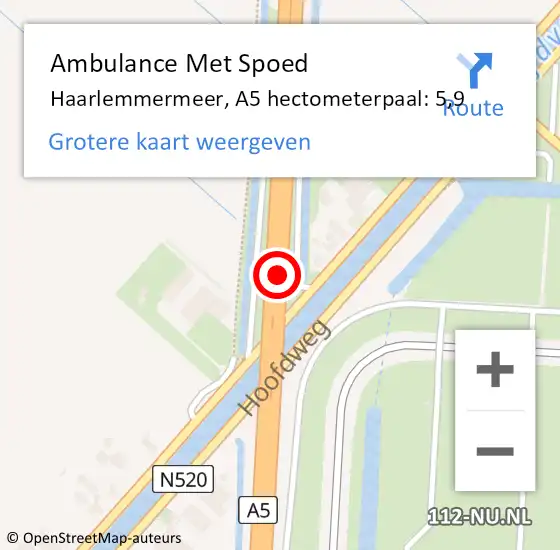 Locatie op kaart van de 112 melding: Ambulance Met Spoed Naar Haarlemmermeer, A5 hectometerpaal: 5,9 op 18 juli 2024 15:42