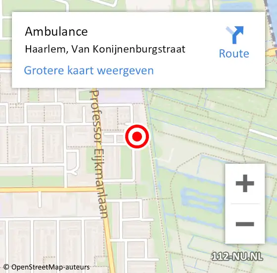 Locatie op kaart van de 112 melding: Ambulance Haarlem, Van Konijnenburgstraat op 18 juli 2024 16:22