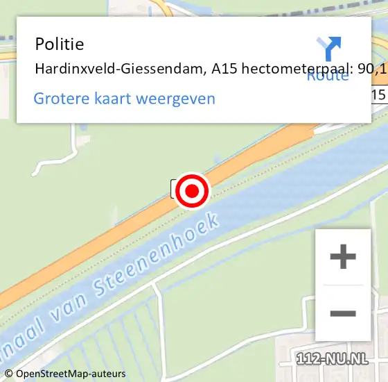 Locatie op kaart van de 112 melding: Politie Hardinxveld-Giessendam, A15 hectometerpaal: 90,1 op 18 juli 2024 16:34