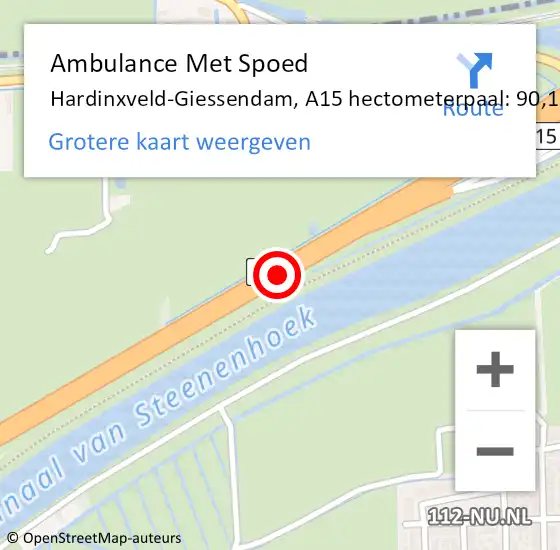 Locatie op kaart van de 112 melding: Ambulance Met Spoed Naar Hardinxveld-Giessendam, A15 hectometerpaal: 90,1 op 18 juli 2024 16:36